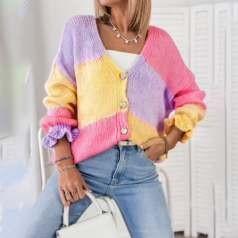 Women's Color Block V Neck Button Front Knit Cardigan Sweater Outerwear