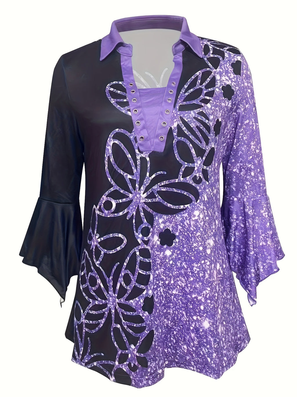 Spring And Autumn New Printed Lapel Three-quarter Sleeve T-shirt Irregular Cuff Button Top