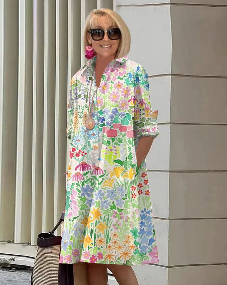 Ladies Shirt Long Sleeve Solid Color Simple Mid Length Dress