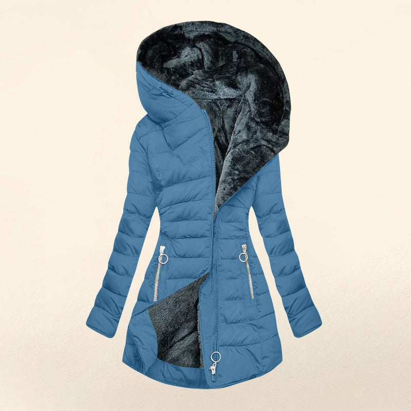 Women's Plush Hooded Mid-length Oblique Zipper Cotton-padded Coat