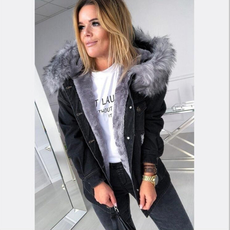 Fur Collar Denim Stitching Jacket Plus Velvet Padded Coat Slim Fit