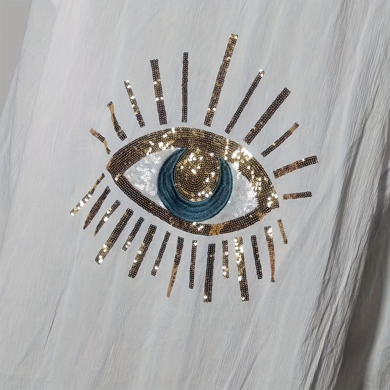 Women's Oversized Button-Down Shirt With Sparkling Eye Print On Back Long Sleeve Blouse For Spring And Fall