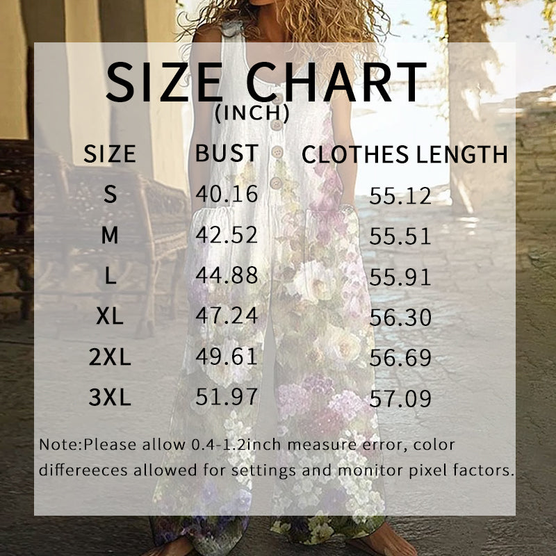 Women's Vintage Floral Jumpsuit - Sleeveless Button Front Romper With Pockets, Casual Loose Fit Long Pants Jumper