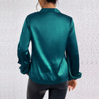 Women's Elegant Satin V-Neck Blouse, Puff Long Sleeve Cuff Top For Casual And Office Wear