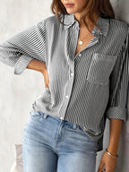 Ladies' Shirt, Classic Striped Print Casual Collar Long Sleeve With Pockets Shirt