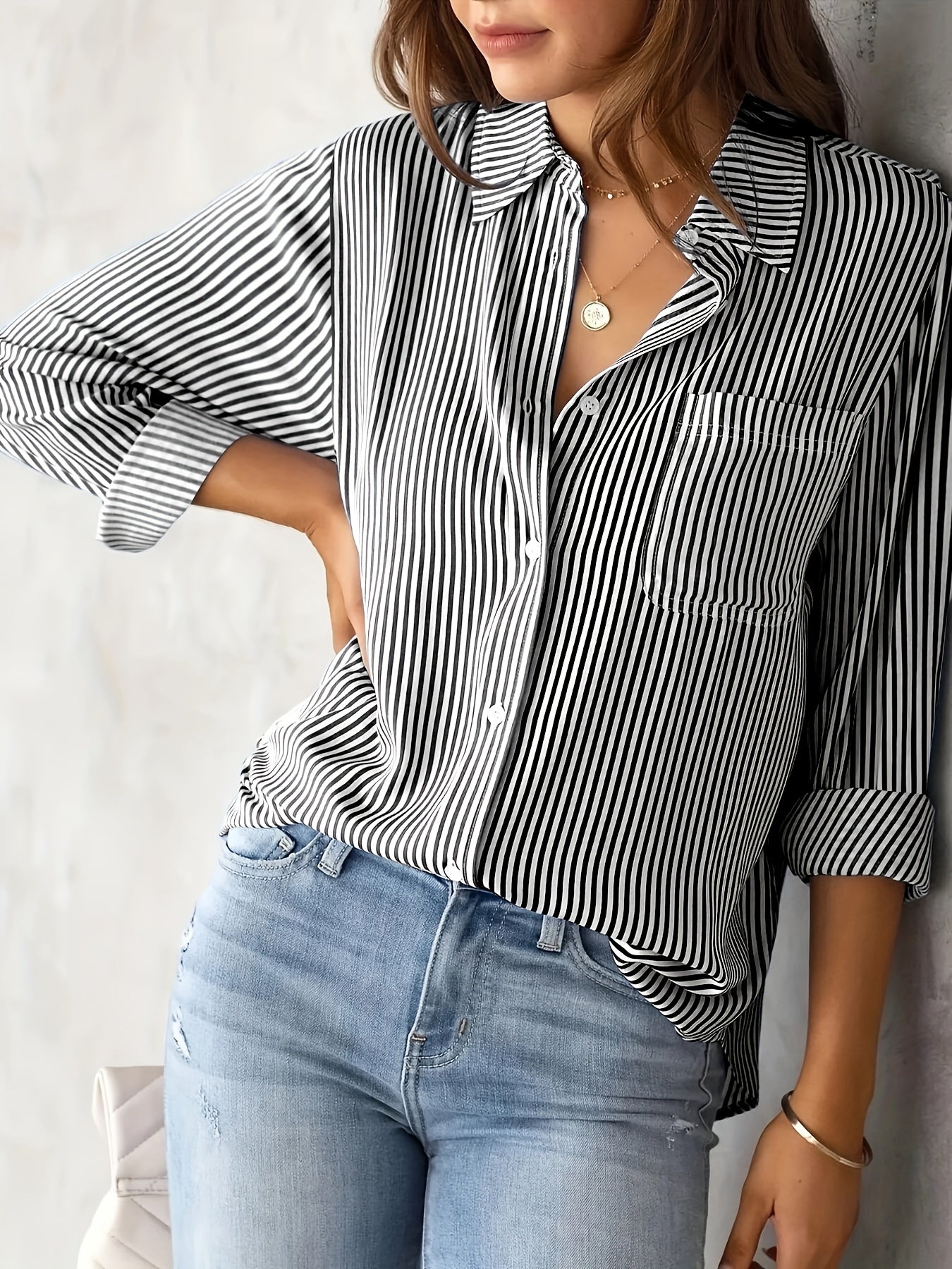 Ladies' Shirt, Classic Striped Print Casual Collar Long Sleeve With Pockets Shirt