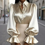 Women's Puff Sleeve Button Down Blouse, Ruffle Detail Dressy Casual Work Top