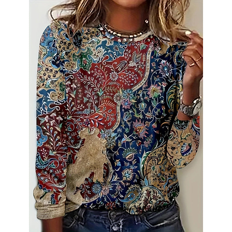 Women's Floral Print Long Sleeve Shirt Casual Round Tunic Blouse Top