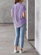 Elegant Plus Size Striped Blouse With Pocket - Casual Short Sleeve, Button-Up Collared Shirt For Women