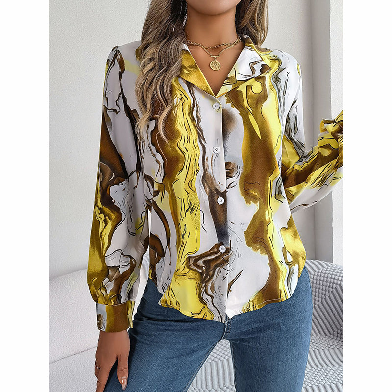 Women Fashion Button Down Shirts V Neck Printed Long Sleeve Blouses Dressy Casual Fall Tops