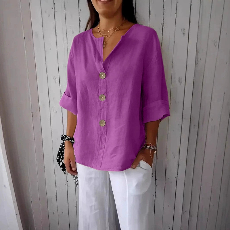 Loose Comfort And Casual V-neck Cotton And Linen Button Top