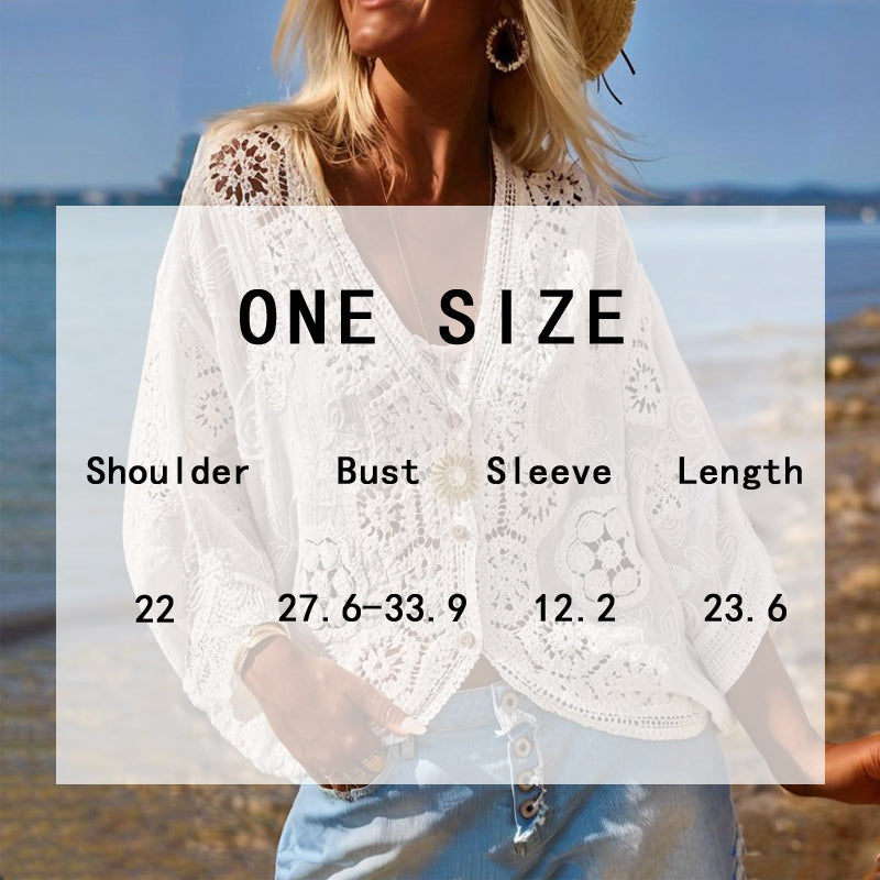 Women's V-Neck Button-Up Lace Cardigan Semi-Sheer Geometric Pattern Mid-Long Sleeve Lightweight Beach Spring&Summer Fashion