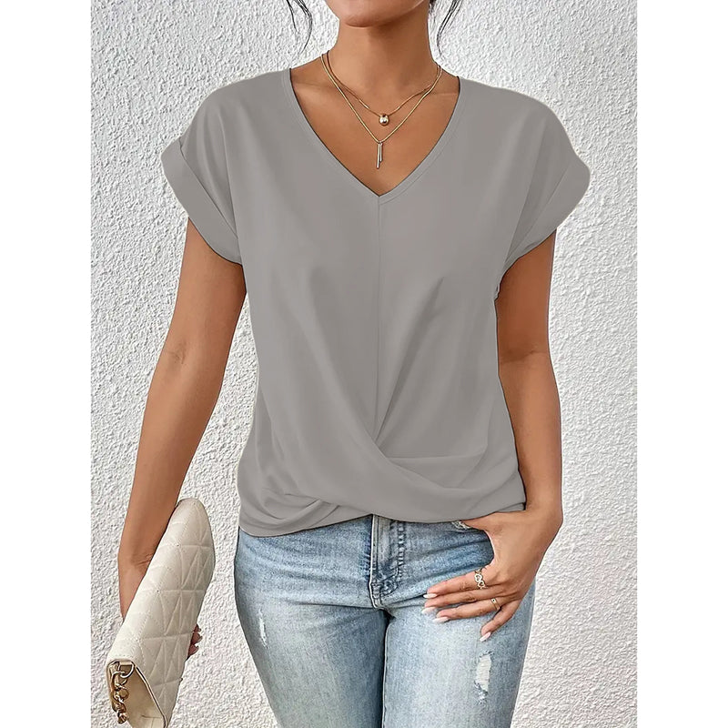 Women's Comfy Casual Summer Tops Short Sleeve V Neck Blouses T Shirts Twist Knot Basic Tees