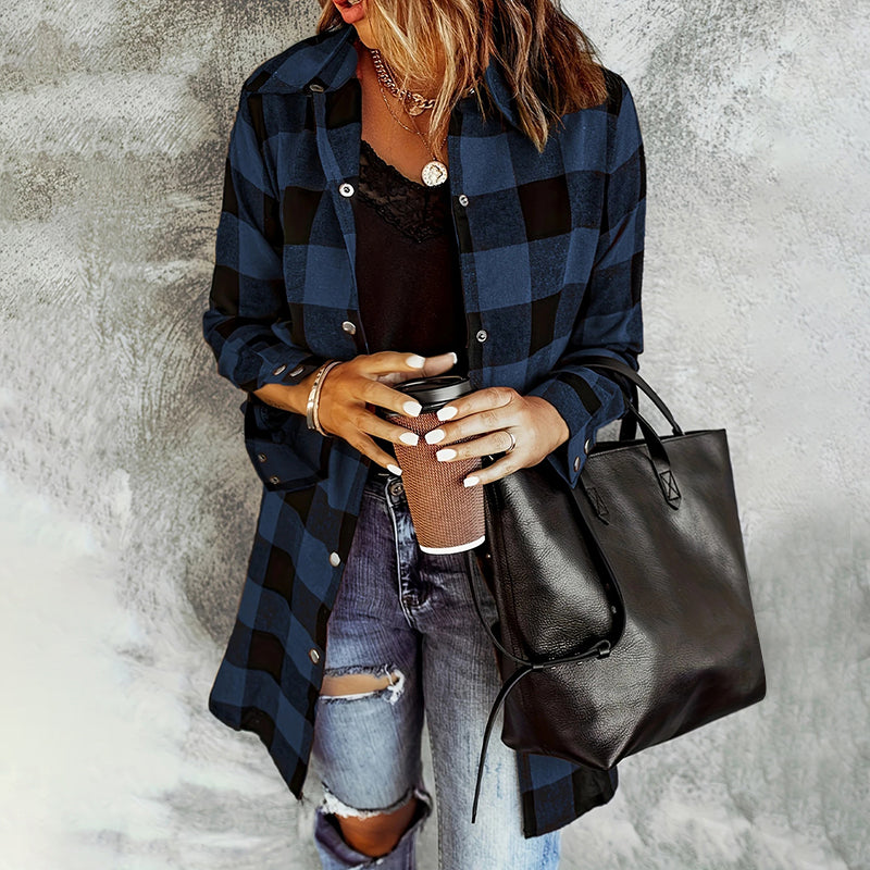 Women's Long Sleeve Plaid Print Button Front Casual Shirt For Spring & Fall