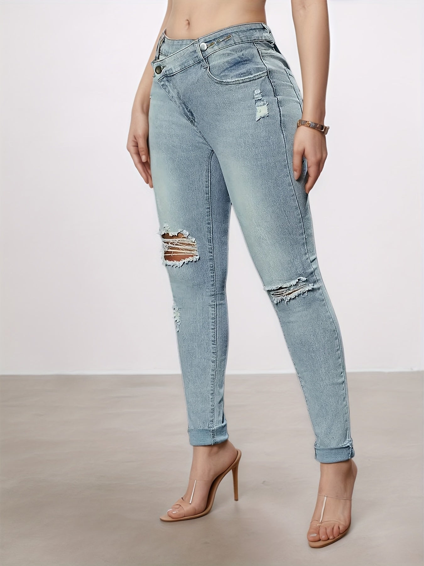 Tear Washed Denim Jeans, Women's Slim Fit Small Foot Design Slim Fit Denim Leggings, Equipped With A Beautiful Waist Belt