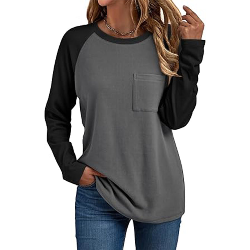 Women's Color Block Raglan Tee, Long Sleeve Crewneck Casual Top For Spring Fall