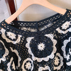 Women's Crochet Lace Yoke Sweater, Geometric Pattern Long Sleeve Pullover With Eyelet Embroidered Trim