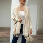 Women's Faux Fur Trim Cardigan Coat - Fringe Hem Layer Poncho For Fall & Winter