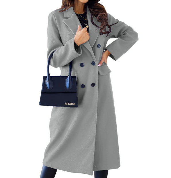 Women's Fashion Simple Double Breasted Long Sleeve Lapel Button Woolen Coat