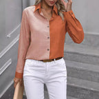 Women's Casual Single-breasted Solid Color Color Matching Long Sleeve Lapel Shirt