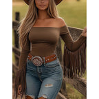 Women's Western Cowgirl Off-Shoulder Fringe Top, Sexy Slim Fitted Long Sleeve Tassel Blouse
