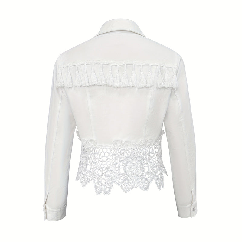 Women's Lace Hollow Out Jacket - Chic Long Sleeve Button Down Shirt With Tassel Details