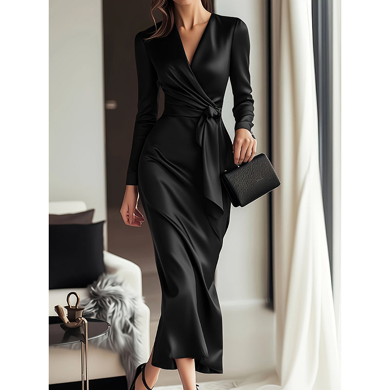 Women's Burgundy Satin Midi Dress Elegant V-Neck Long Sleeve Bodycon Dress With Belted Waist