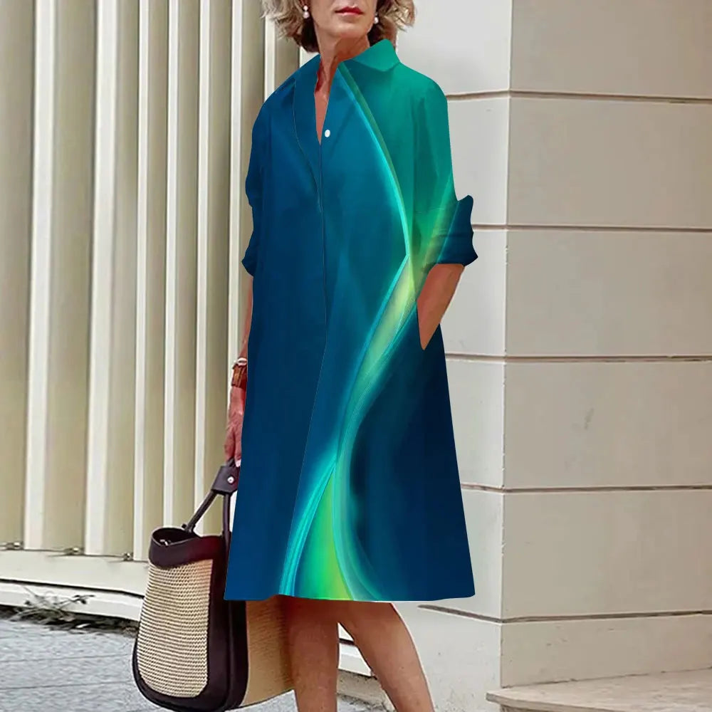 Ladies Shirt Long Sleeve Solid Color Simple Mid Length Dress