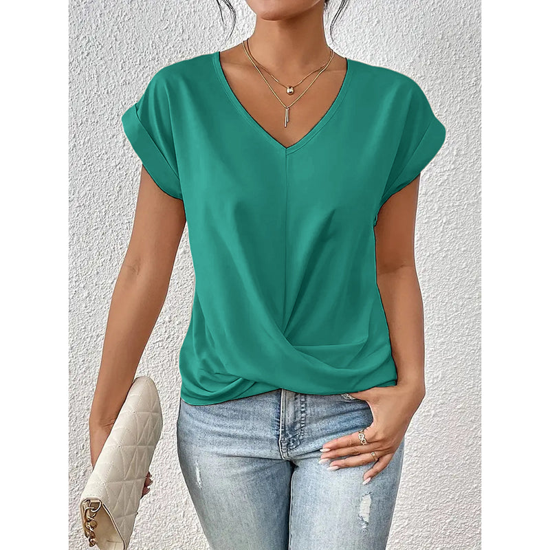 Women's Comfy Casual Summer Tops Short Sleeve V Neck Blouses T Shirts Twist Knot Basic Tees