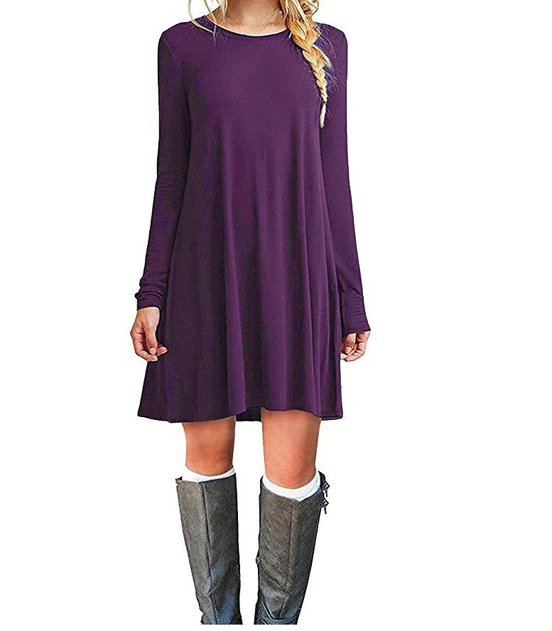 Solid color long-sleeved loose slim dress