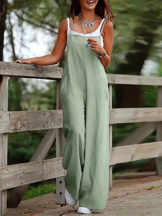 Women's Dark Green Casual Suspender Wide-leg Jumpsuit