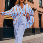 Women's Casual Striped Button-Down Shirt With Drop Sleeves Comfortable Loose-Fit Long Sleeve Top For Spring & Fall
