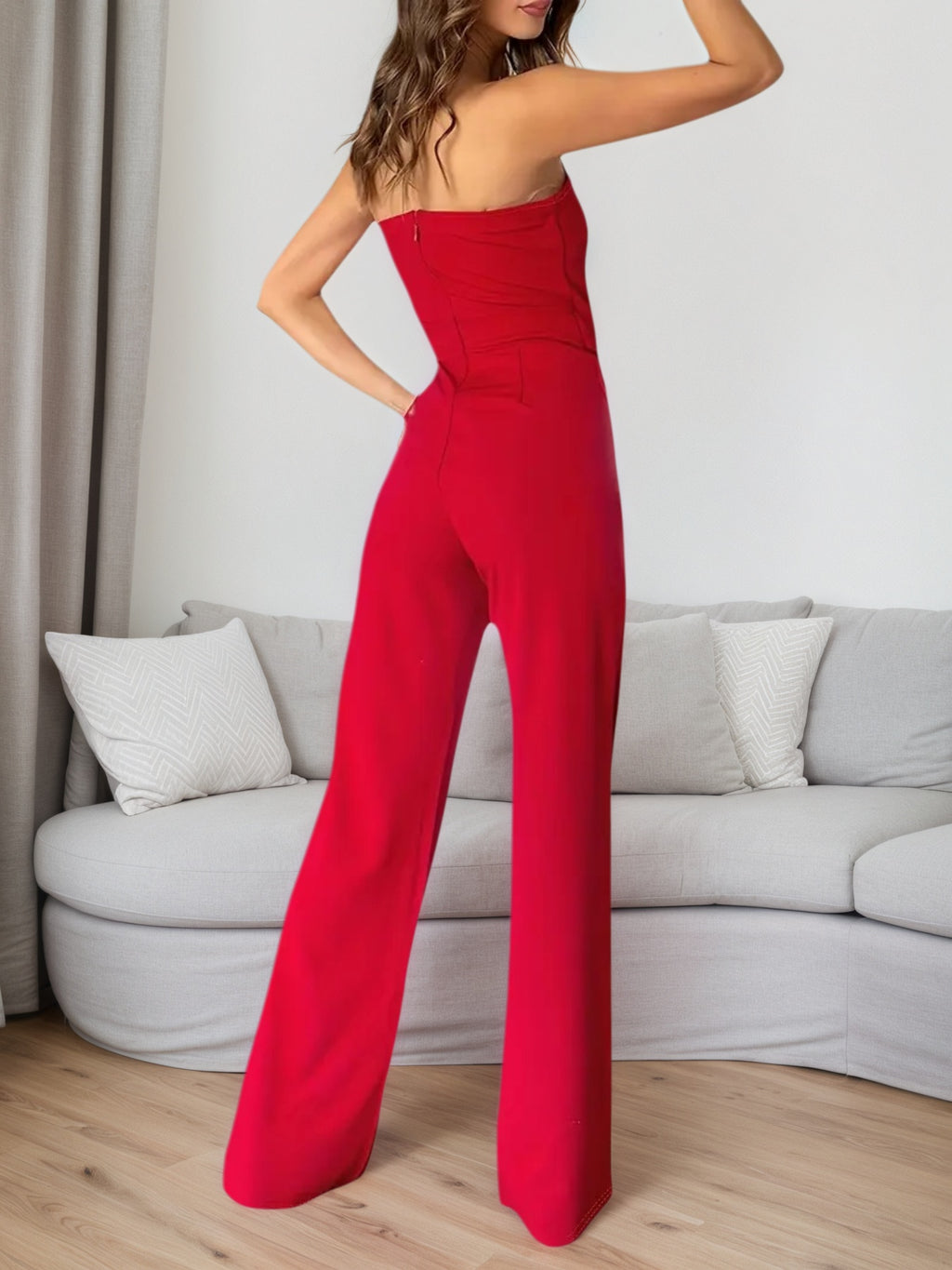 Spring And Summer New Women's Plus Size Sleeveless Button Red Strapless Asymmetrical Metal Buckle Decoration Plus Size Tight Jumpsuit Fashionable Party Outfit