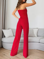 Spring And Summer New Women's Plus Size Sleeveless Button Red Strapless Asymmetrical Metal Buckle Decoration Plus Size Tight Jumpsuit Fashionable Party Outfit