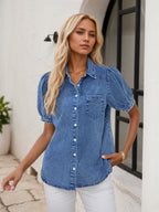 Women's Retro Washed Denim Shirt, Loose Fitting Short Sleeves, Paired With Eye-catching Bubble Sleeves And Sweetheart Collar Retro Button Up Top, Suitable For Brunch Dates And Gallery Opening Ceremoni