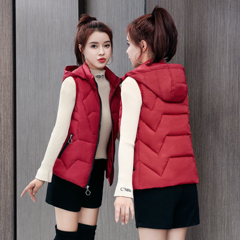 Ladies' Fashion Down Cotton Vest Short Mom Hooded Wear Warm Vest