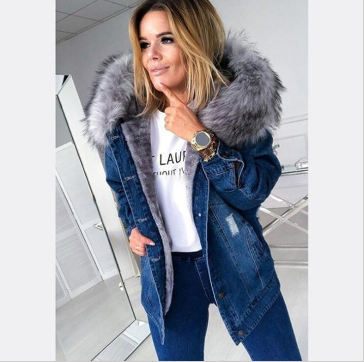 Fur Collar Denim Stitching Jacket Plus Velvet Padded Coat Slim Fit