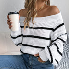Women's Off The Shoulder Sweater - 2025 Fall Winter Striped Long Sleeve Pullover Top