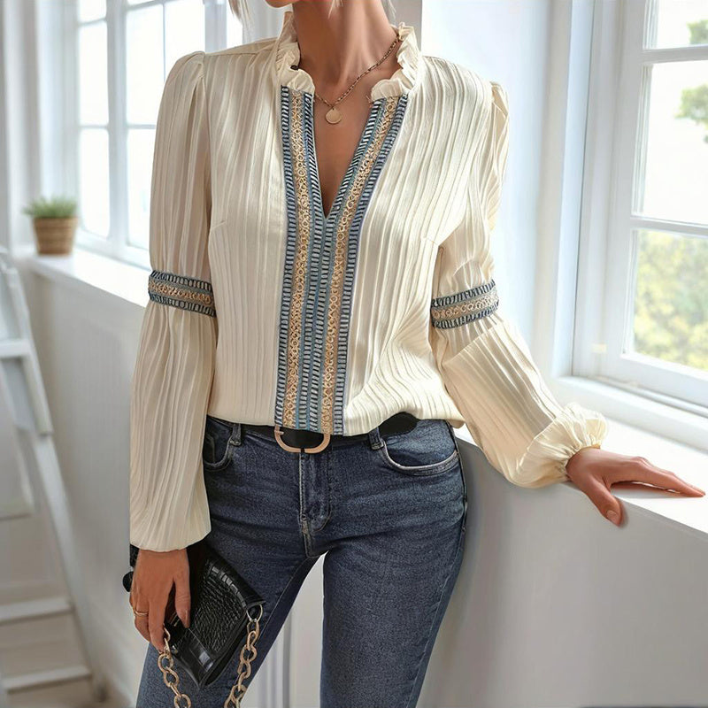 Boho Chic Colorblock Top, Women's Patchwork Blouse With V Neck And Lantern Sleeves