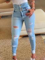High Waisted Button Slim Fit Ripped Jeans - Made Of Light Blue Old Denim Fabric With Built-in Zipper, Elastic And Breathable, Street Style Jeans, High Waisted Jeans