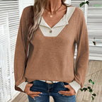 Women's Color Block Pullover - Spring Fall V-Neck Long Sleeve Casual Loose Top