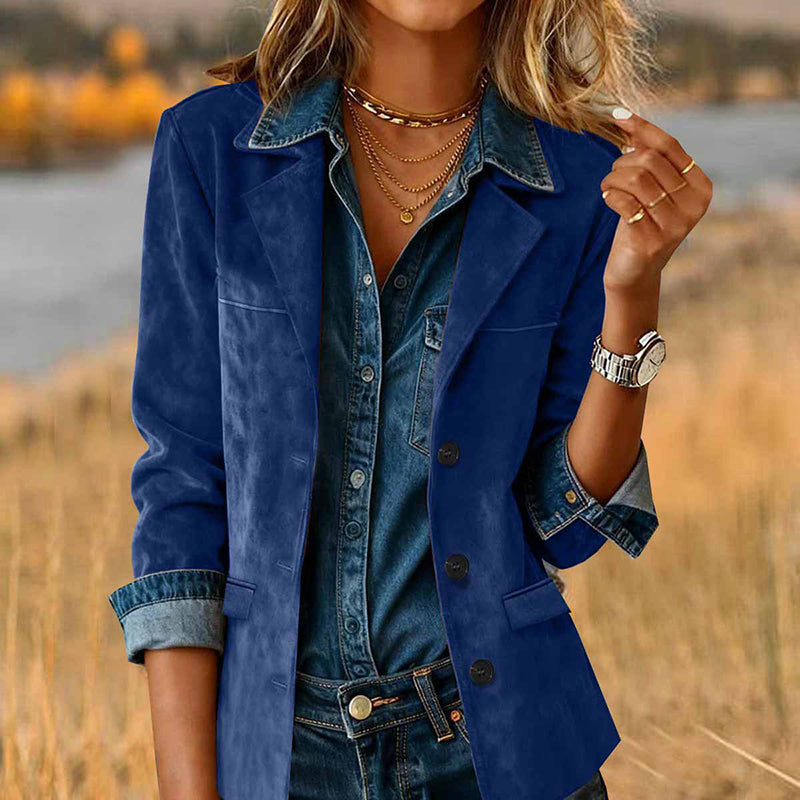 Plus Size Women's Solid Color Blazer Jacket Notch Lapel Long Sleeve Motorcycle Coat With Pockets For Office&Formal Wear