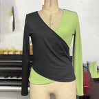 Women's Elegant V-Neck Cross Front Sweater, Color Block Knit Top For Spring And Fall Layering