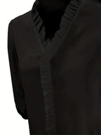 Pure Color Ruffle Hemline Shirt, Casual V-neck Long Sleeve Shirt.