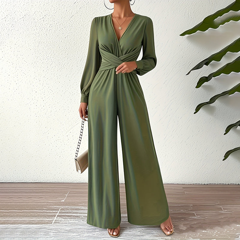 Women's Elegant Jumpsuit With Cross V-Neck & Long Sleeve Solid Color Belted Wide Leg Pantsuit For Office And Formal