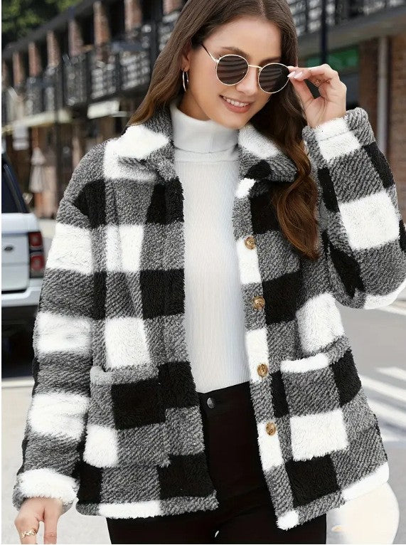 Women's Plaid Plush Long-sleeved Winter Fashion Casual Jacket