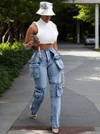 New Women's Casual And Versatile Multi-pocket Work Pants, Mid-waisted Washed Straight-cut Jeans