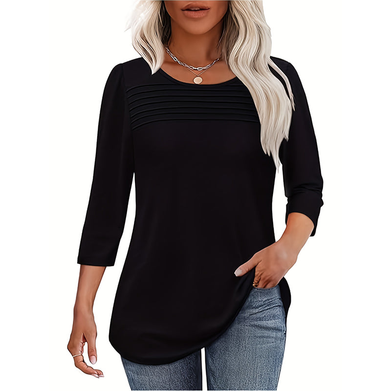 Women's 3-Pack 3 4 Sleeve Tunic Tops, Round Neck Pleated Blouse, Dressy Casual Shirts For Spring Summer Fall