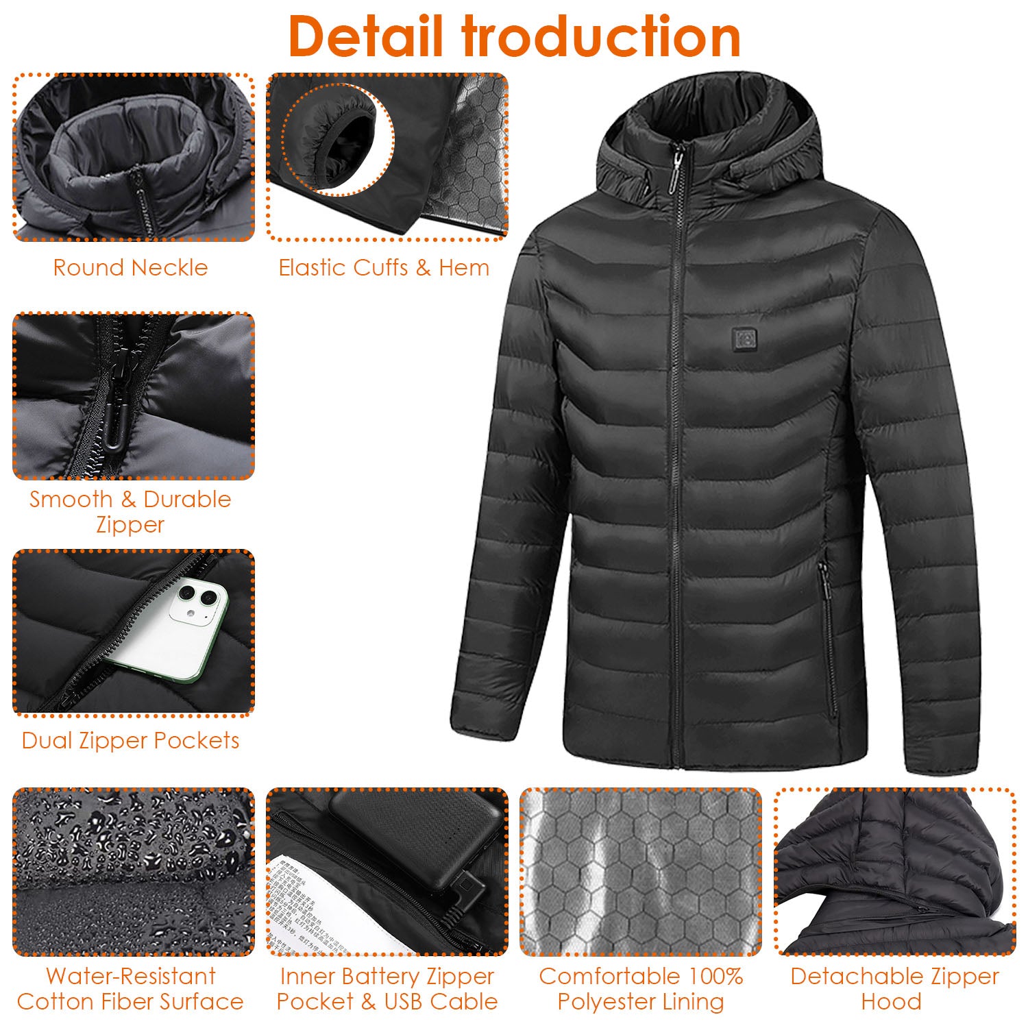1Pc Heated Jacket Electric Heating Coat Lightweight Winter Hooded Jacket With 3-Level Heating Modes 8 Heating Zones Detachable Zipper Hood