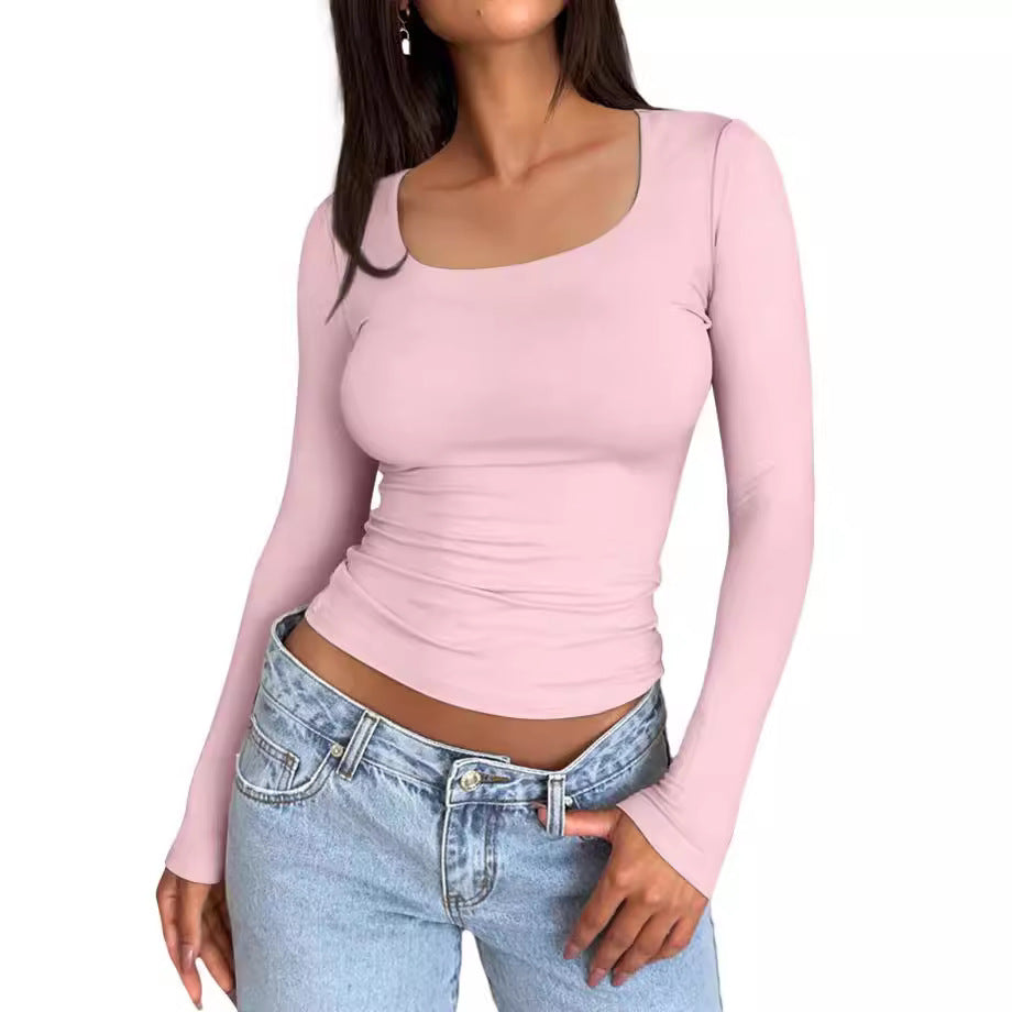 Solid Color Double Layer Square Collar Slimming Sexy Long Sleeve Women's T-shirt